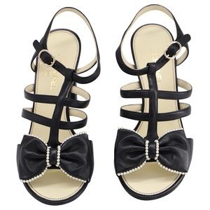 CHANEL Satin Pearl Bow Slingback Sandals